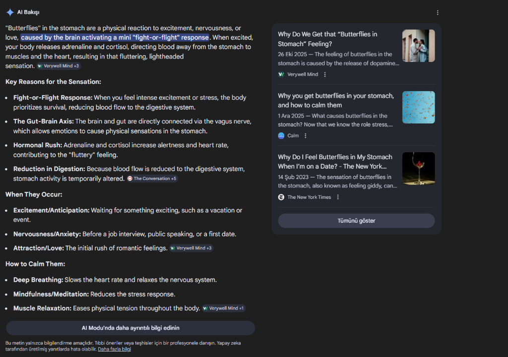 Google AI Overview Result for Butterflies in Stomach