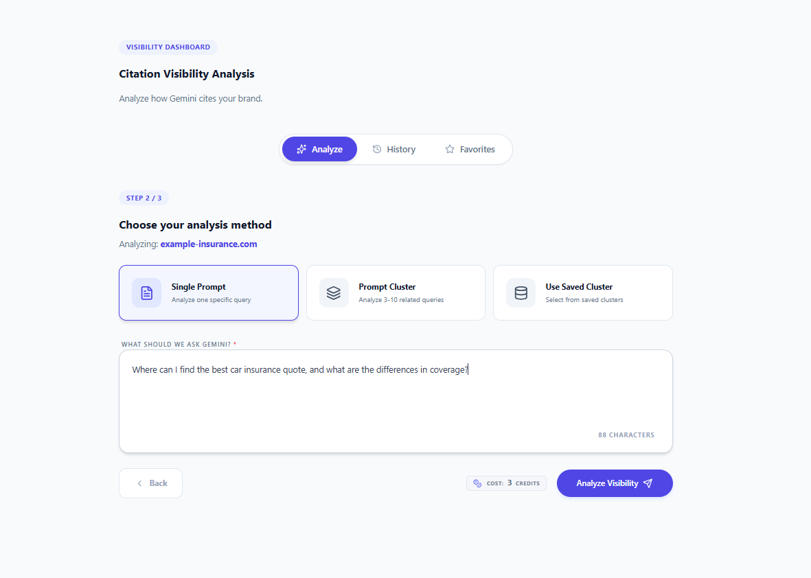 Choose your analysis method: single prompt, prompt cluster, or saved cluster