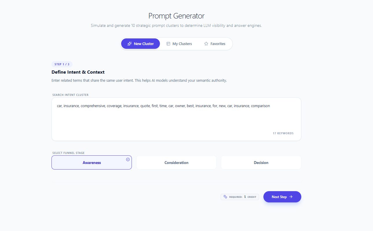 Enter your keywords and select a funnel stage