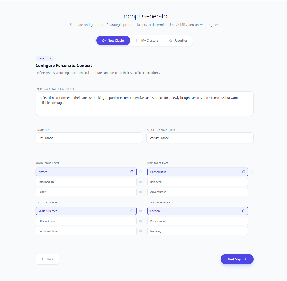 Define your target audience and configure persona parameters