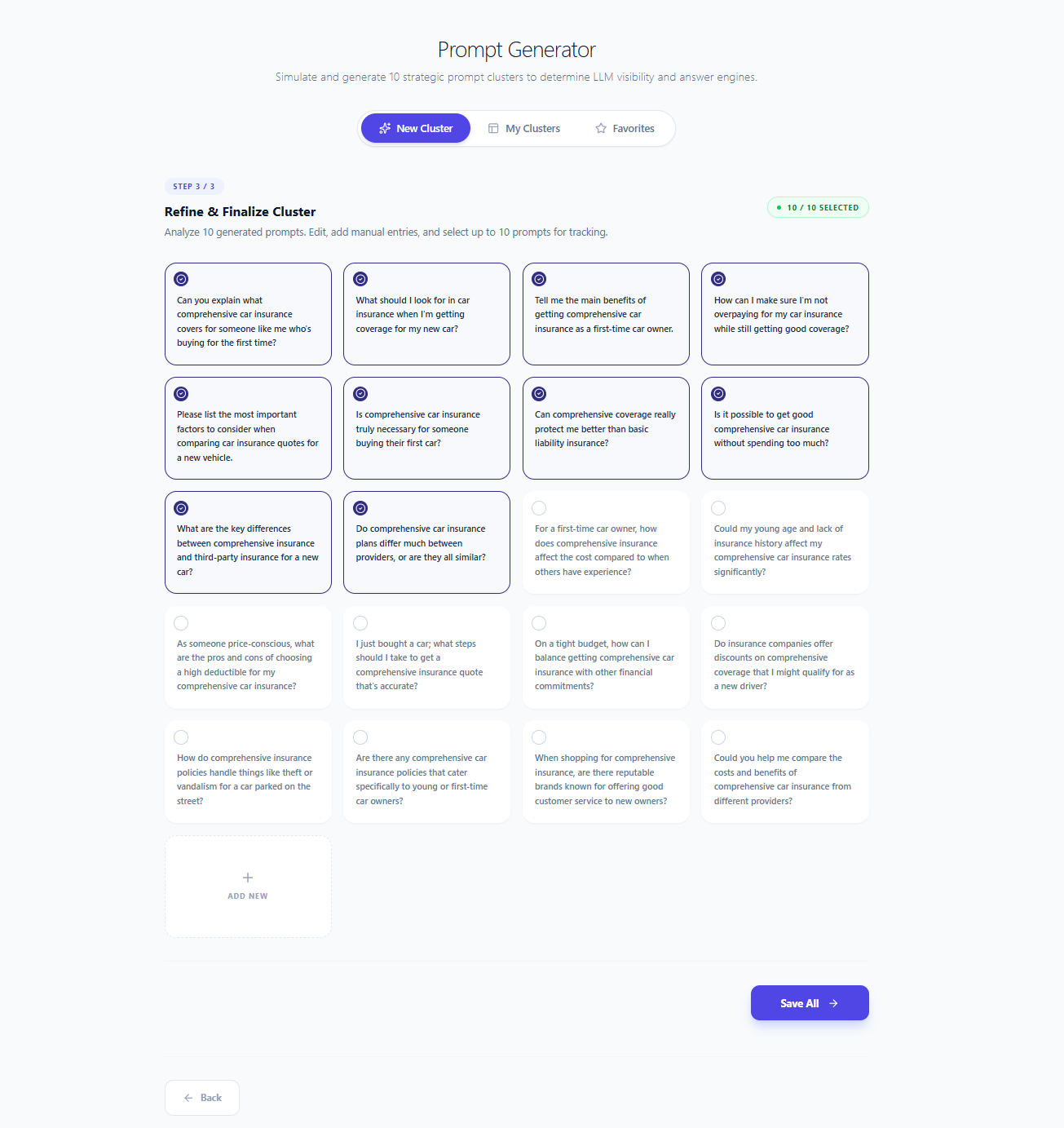 Select up to 10 prompts from the generated list, edit, or add manually